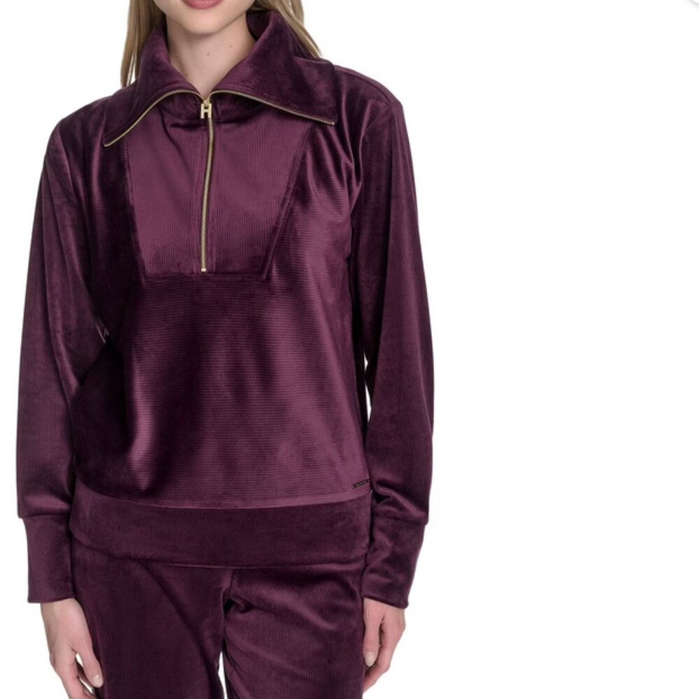 Halston Women’s Velour Quarter-Zip Pullover Size Large –Purple- Soft Luxe Lounge